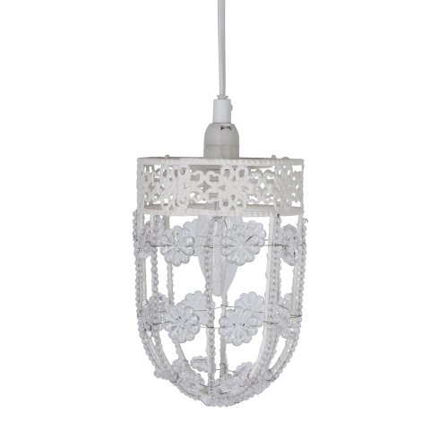 Modern Gloss White Metal Ornate Pendant With Beautiful Acrylic Flowers And Decorative Beaded Design Light Fitting With Ceiling Rose And Flex
