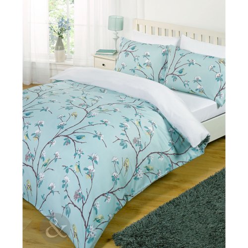 Shabby Chic Bird Tree Bed Set White Teal Blue Duvet Cover With