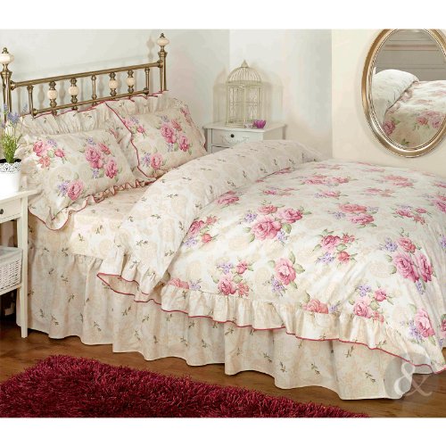 Vintage Floral Frilled Duvet Cover Cream Beige Pink Bedding Set