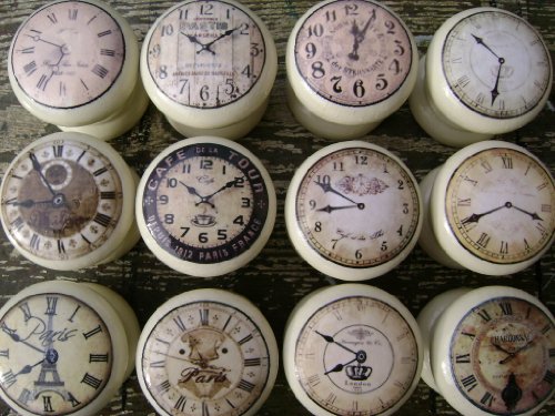Set Of 8 Cream Vintage Clocks 45mm Shabby Chic Wooden Drawer