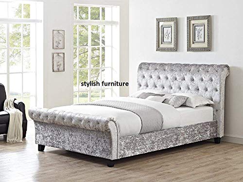 Luxury Chesterfield Sleigh Bed Grey Crushed Velvet Fabric Bed Double