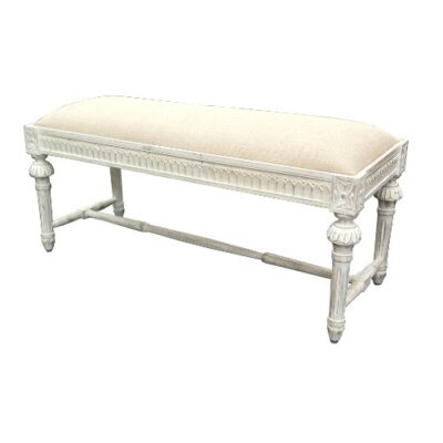 Beautiful carved Shabby Chic French Style Bed End Bench in white distressed finish and upholstery in natural linen. Beautiful carved Shabby Chic French Style Bed End Bench in white distressed finish and upholstery in natural linen. Beautiful carved Shabby Chic French Style Bed End Bench in white distressed finish and upholstery in natural linen 0 400x400