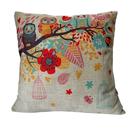 Cotton Linen Square Decorative Throw Pillow Case Cushion Cover Owls with Birdcage 18 "X18