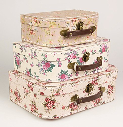 Set of 3 Vintage Rose Suitcases Storage Boxes