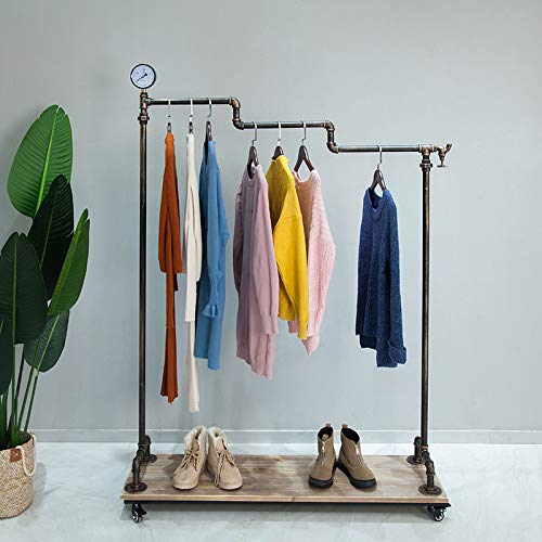 Clothes Rail Rack on Wheels Rolling Garment Rack with real wood shelf, Industrial Vintage Heavy