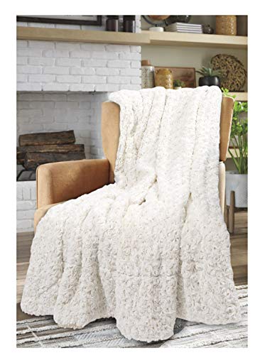 E4Emporium Soft Cosy Rosette Throw Blanket Faux Fur Warm Throw sherpa Fleece Backing Blanket for Bed Sofa and Couch 130 x 150 cm Cream