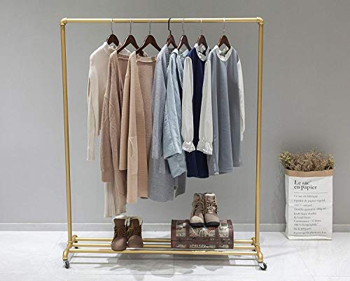 QL SHELF Industrial Pipe Tidy Rails Rack 63in Clothing Garment Racks Clothing Hanger Display Rack Vintage Commercial Rolling Rack on Wheels Metal Ballet Dress Racks Gold