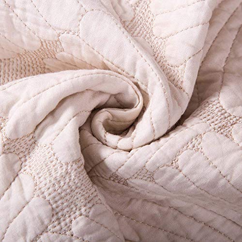 Unimall 100% Cotton Quilted Bedspread King Size 3 Piece Beige Cream Color  Embroidery Palm Leaf Pattern Reversible Quilt Bedspread for Double Bed with