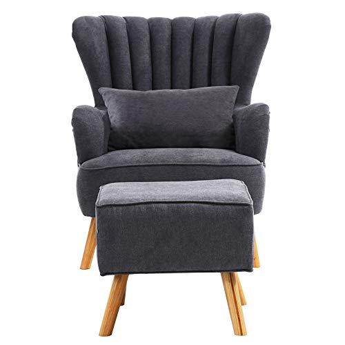 Warmiehomy Modern Fabric Armchair Wing Back Occasional Chair Sofa Lounge Tub Chair Fireside Chair with Footstool Living Room Bedroom Office Furniture